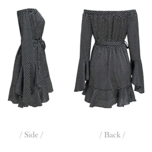 Off shoulder flare silky polka dot ruffle dress - Picture 2 of 8